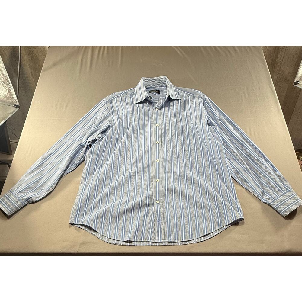 Bugatchi Uomo Mens XL Blue White Striped Dress Shirt Long Sleeve Button Front